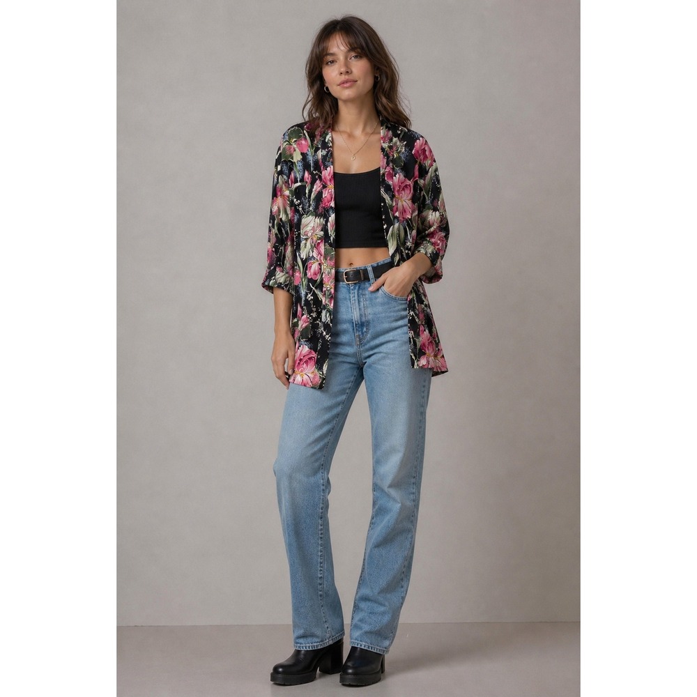 Meryl Fashions Floral Open Blazer Artsy Cottagecore 90s Boho Black Pink Cotton L